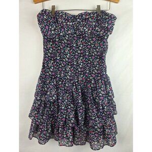 Express Women's Dress Size Small Blue Floral Shimmer Ruffle Strapless Mini Dress
